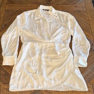 Zara White Satin Wrap-Style Blouse Dress | Elegant Chic